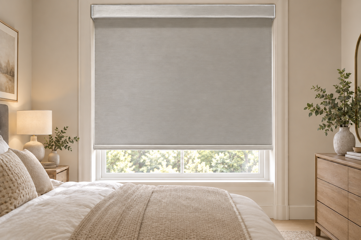Neutral fabric-inlay cassette roller blind in a bedroom