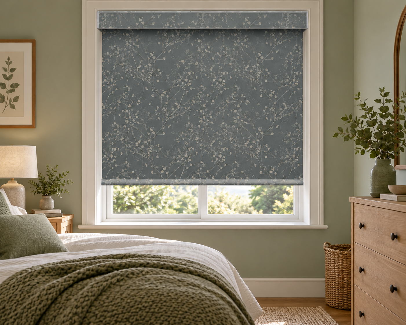 Floral cassette roller blind in a green bedroom