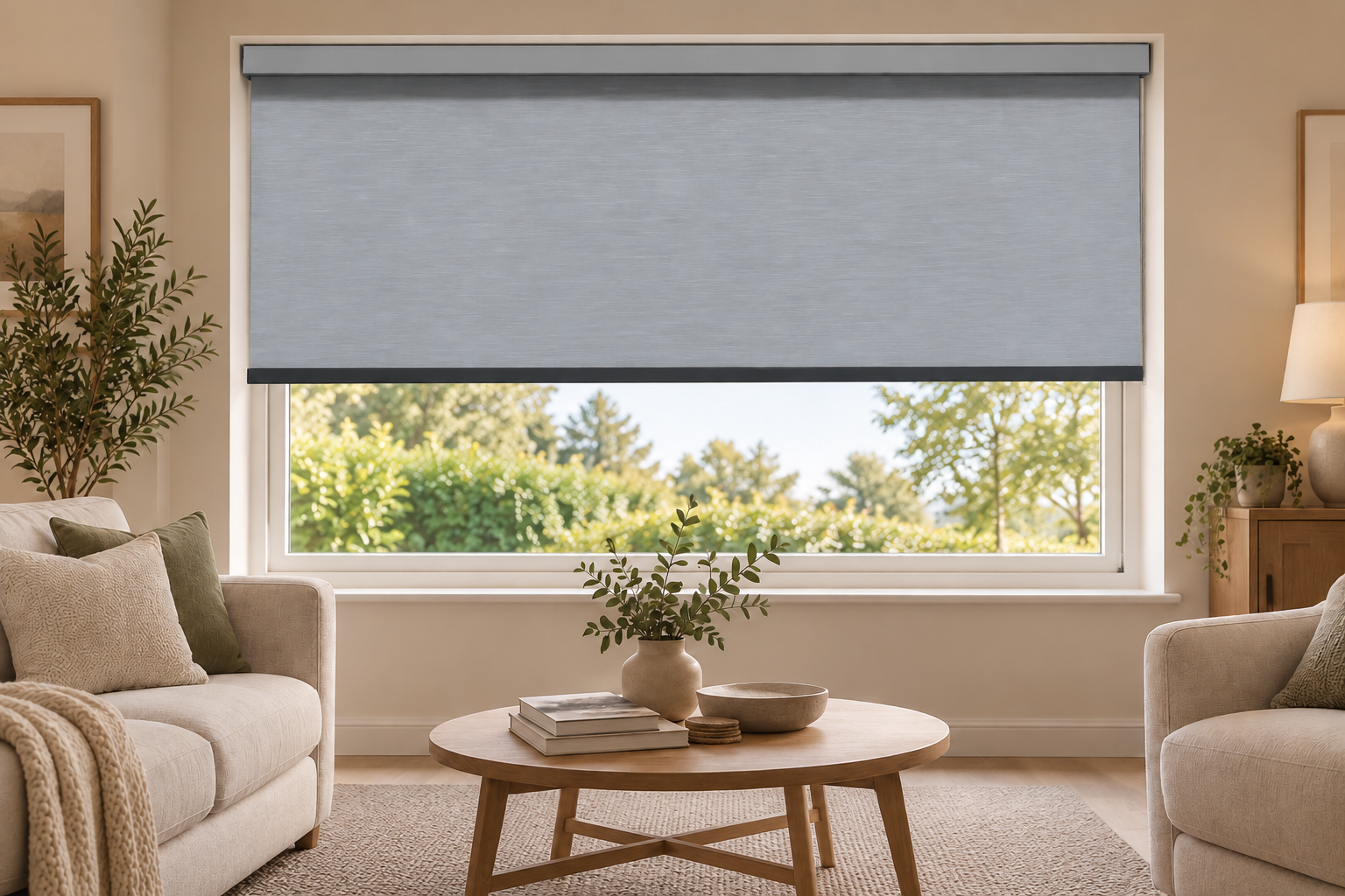 Grey cassette roller blind in a neutral living room