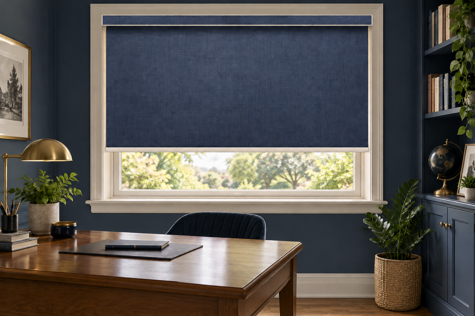 Navy cassette roller blind in a home office