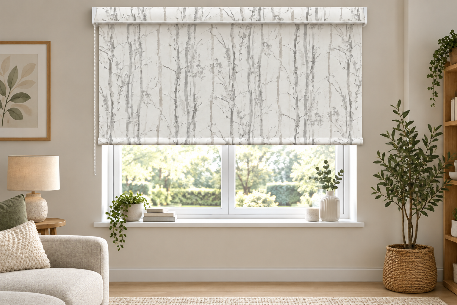 Light patterned cassette roller blind in a living room