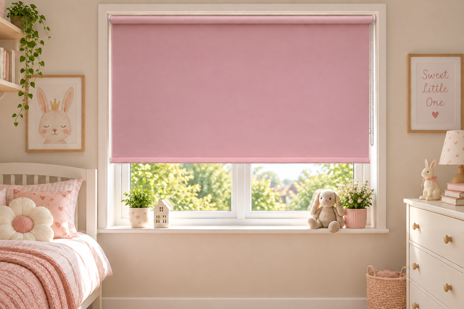 Pink fabric roller blind in a child's bedroom
