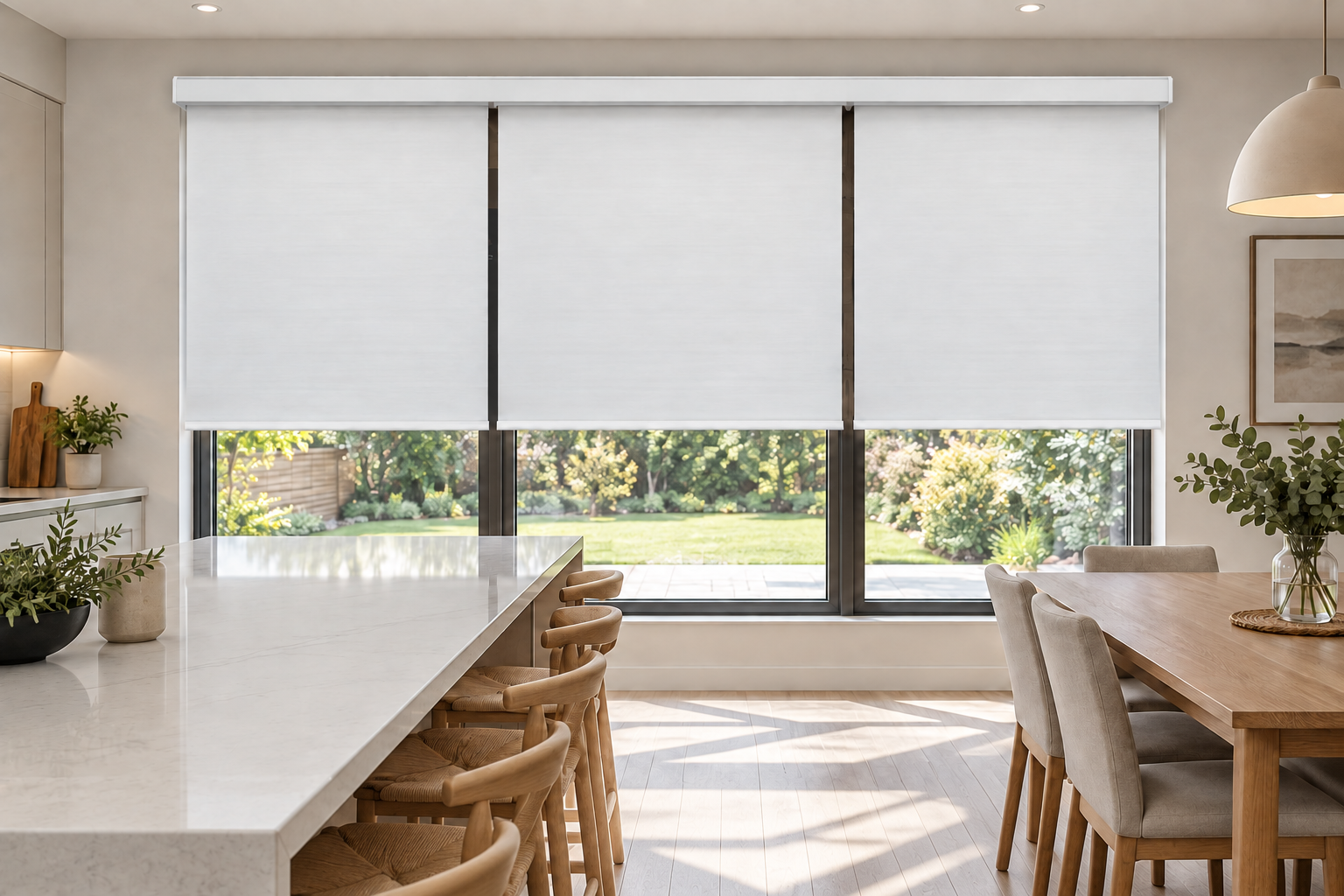 Triple white roller blind system in a bright kitchen and dining room