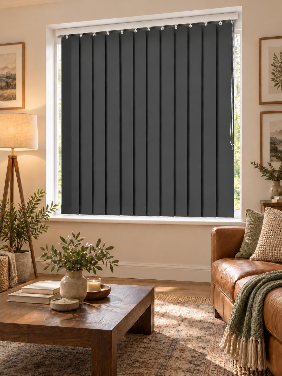 Charcoal vertical blind in a living room