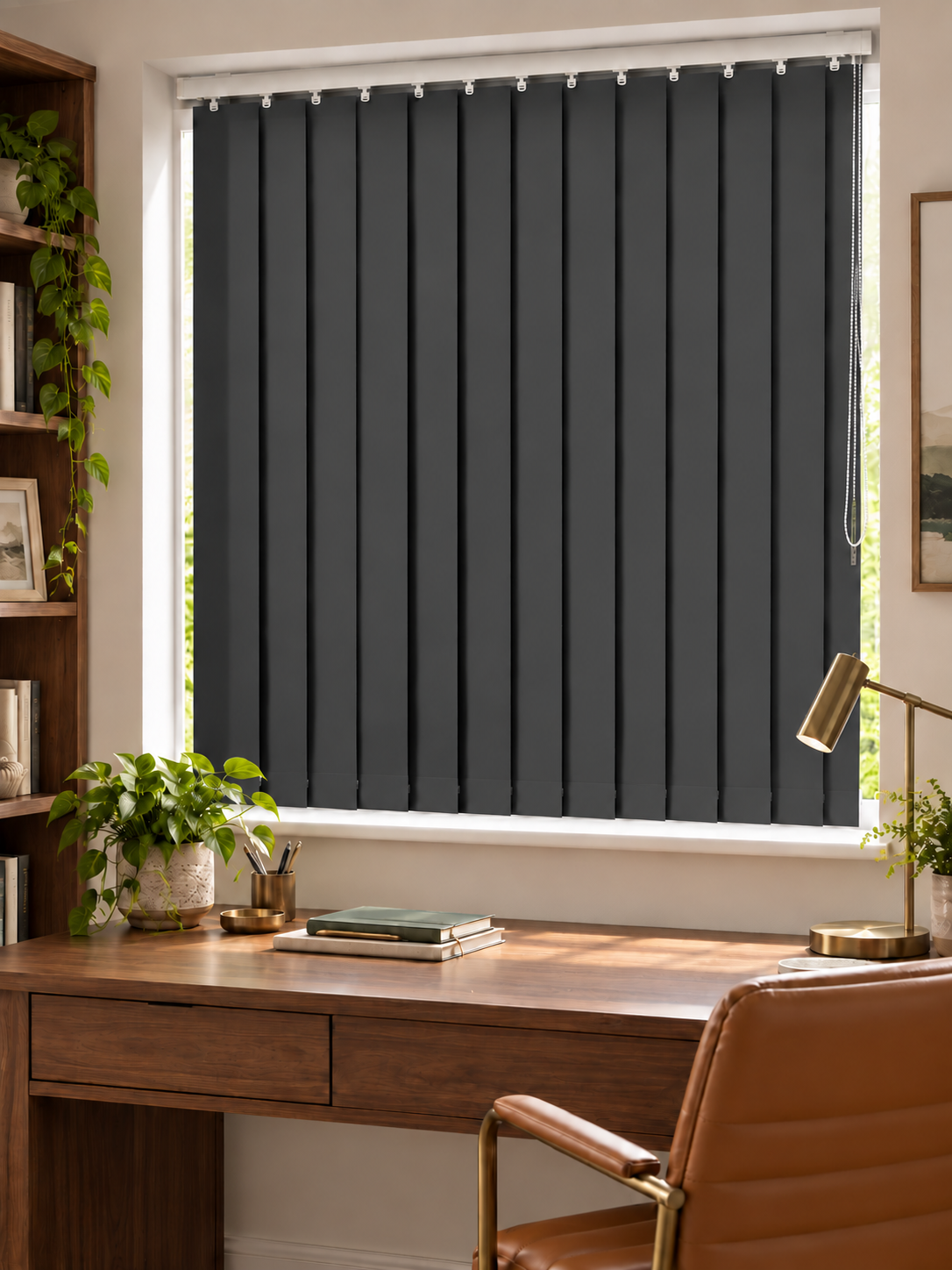 Charcoal vertical blind in a home office