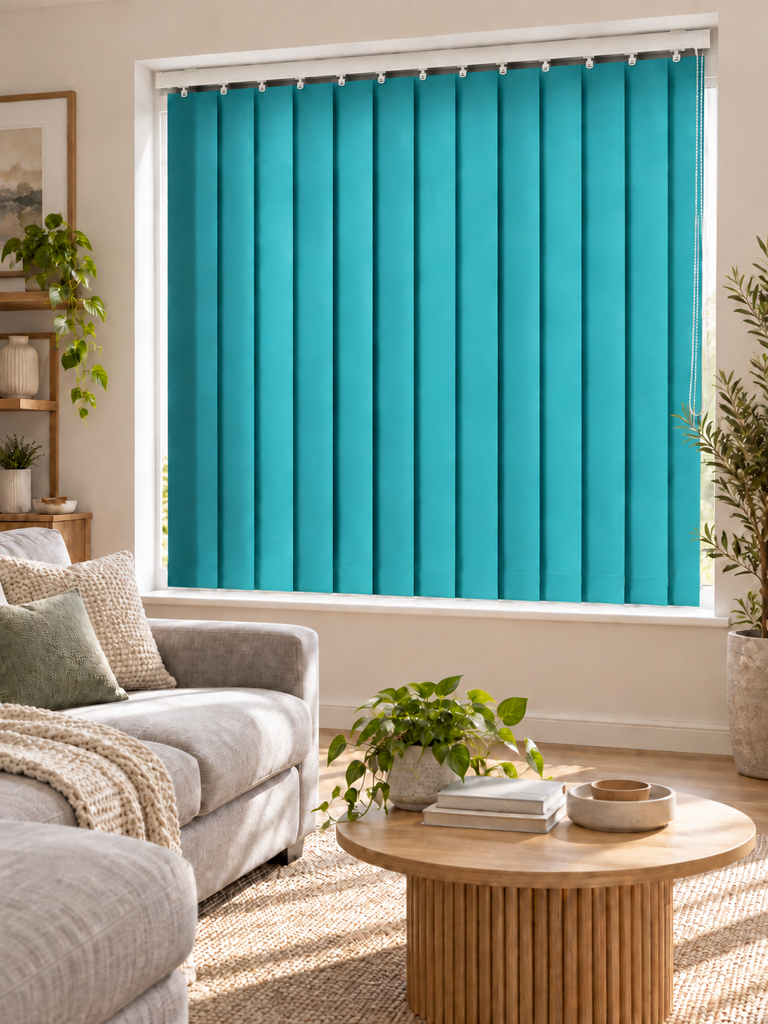 Teal vertical blind in a living room
